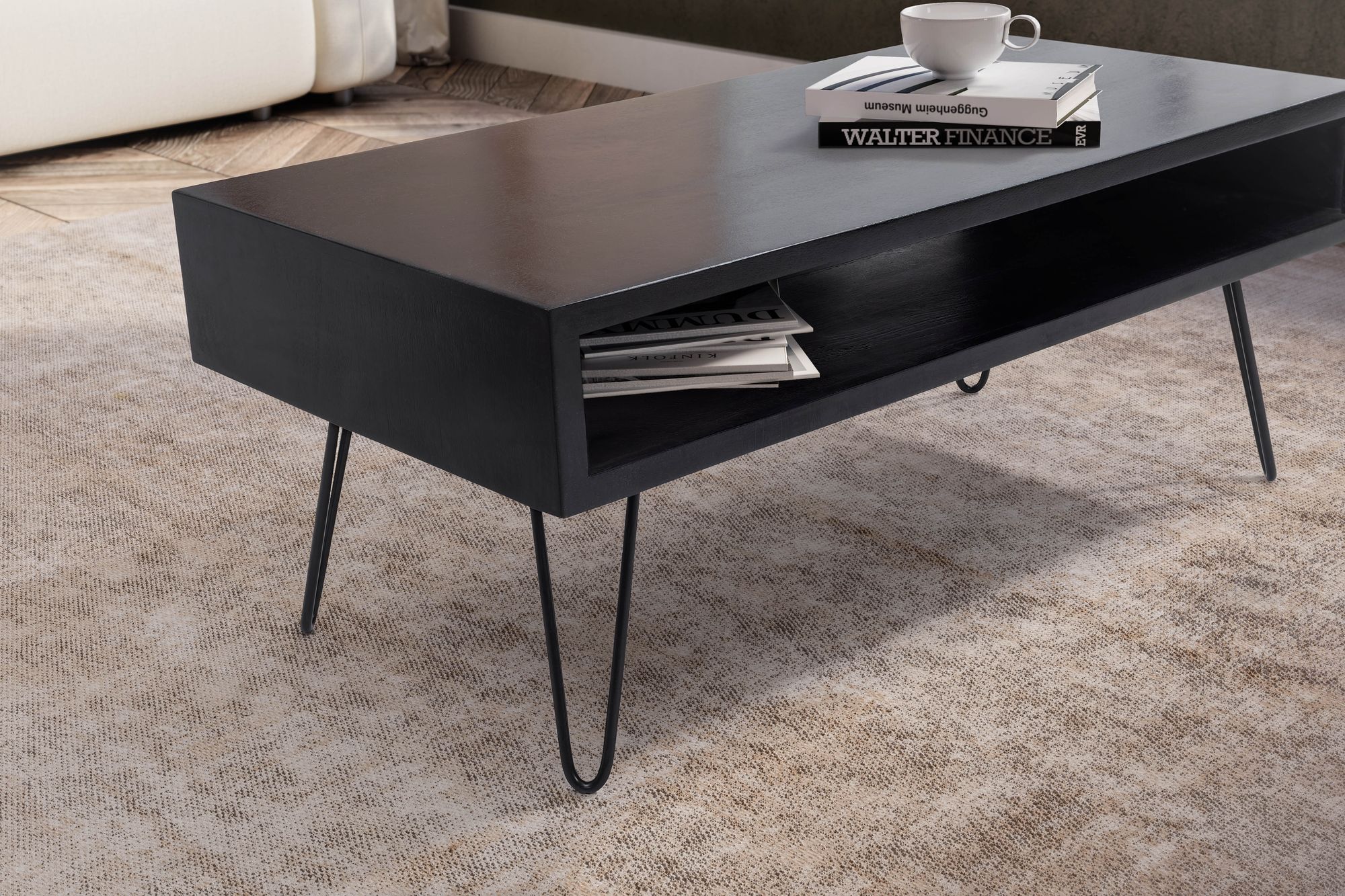 Couchtisch Massivholz schwarz 100cm rechteckig Wohnzimmertisch Ablage Industrial – Ansicht 5