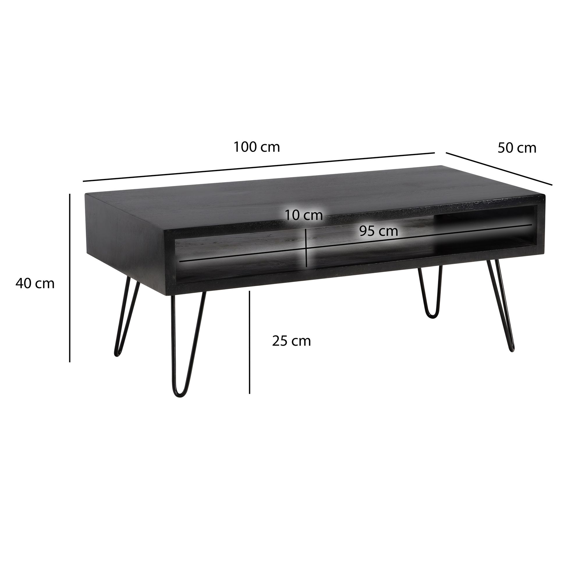 Couchtisch Massivholz schwarz 100cm rechteckig Wohnzimmertisch Ablage Industrial – Ansicht 3