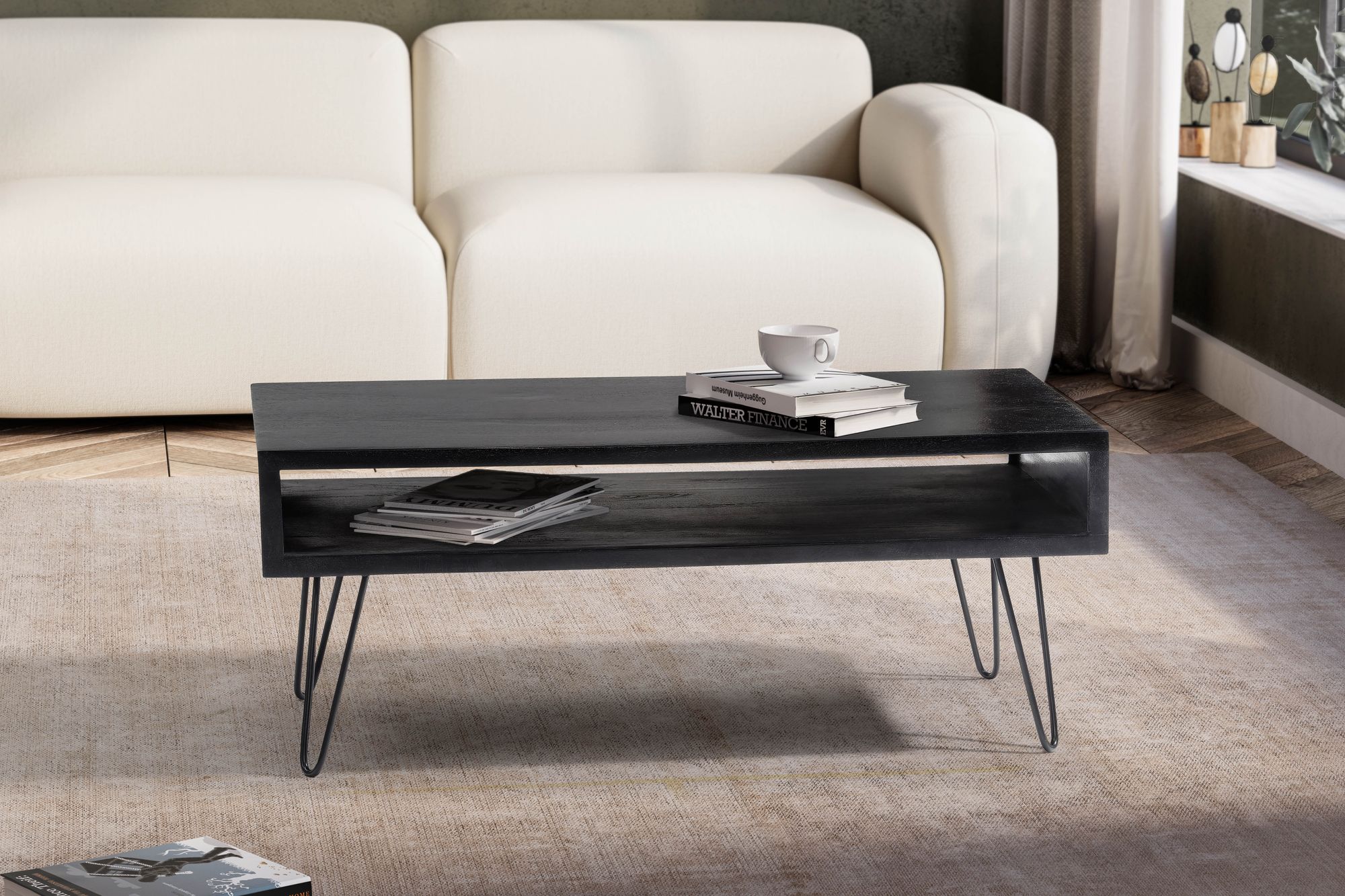 Couchtisch Massivholz schwarz 100cm rechteckig Wohnzimmertisch Ablage Industrial – Ansicht 2