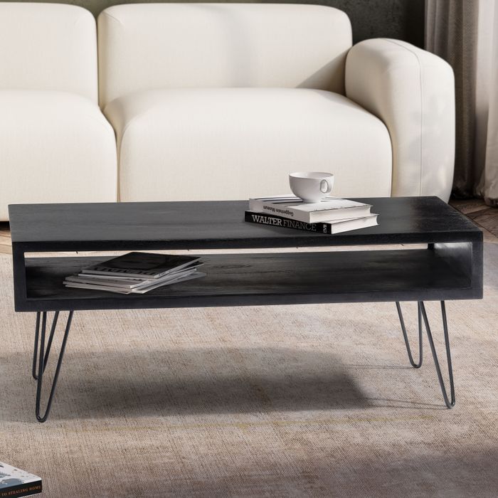 Couchtisch Massivholz schwarz 100cm rechteckig Wohnzimmertisch Ablage Industrial