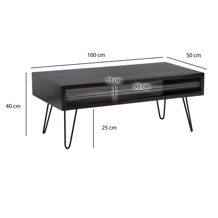 Couchtisch Massivholz schwarz 100cm rechteckig Wohnzimmertisch Ablage Industrial – Maßzeichnung