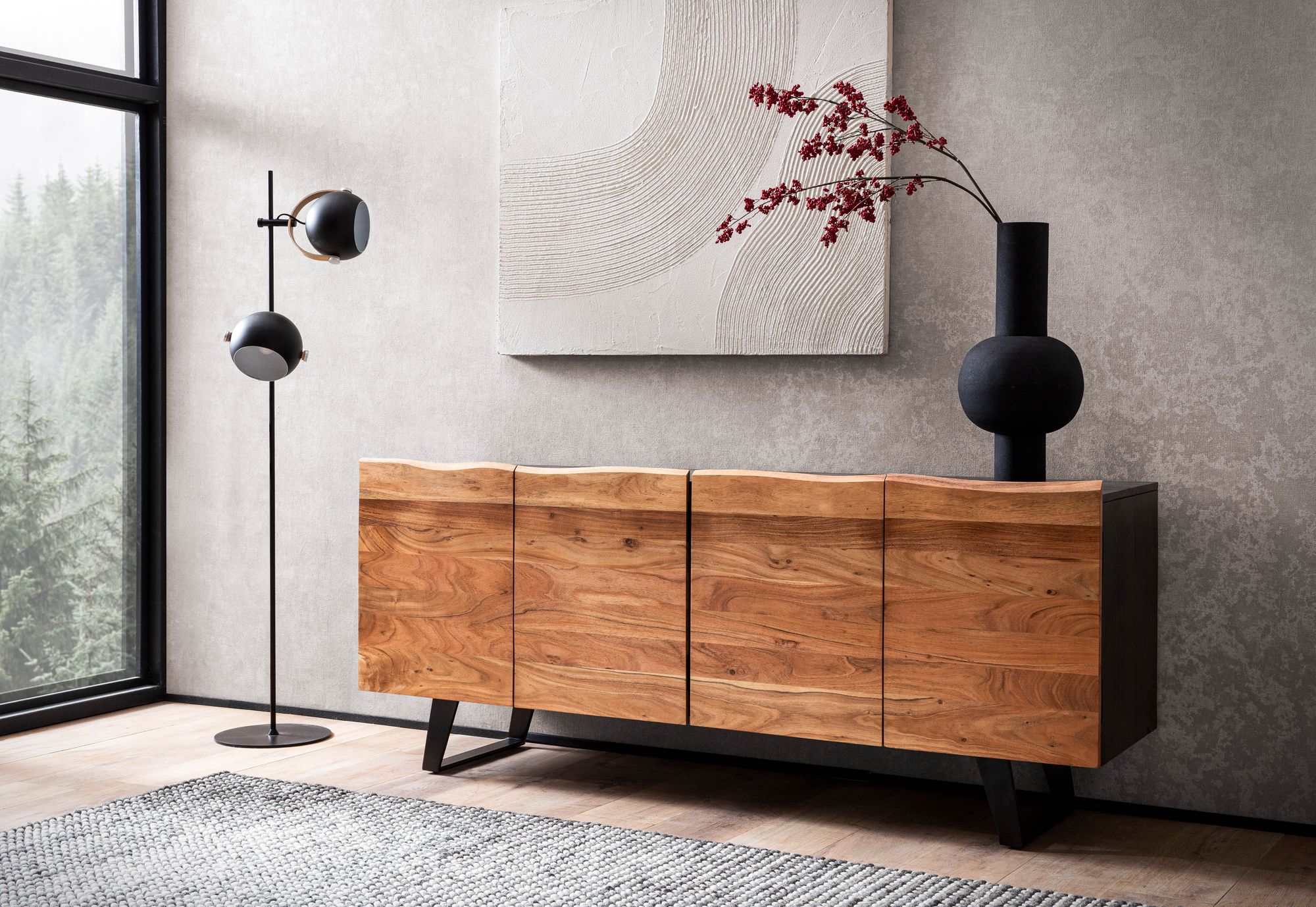 Massivholz Sideboard 180cm Akazie Kommode mit 4 Türen Baumkante Industrial Design Metall Schwarz – Ansicht 7