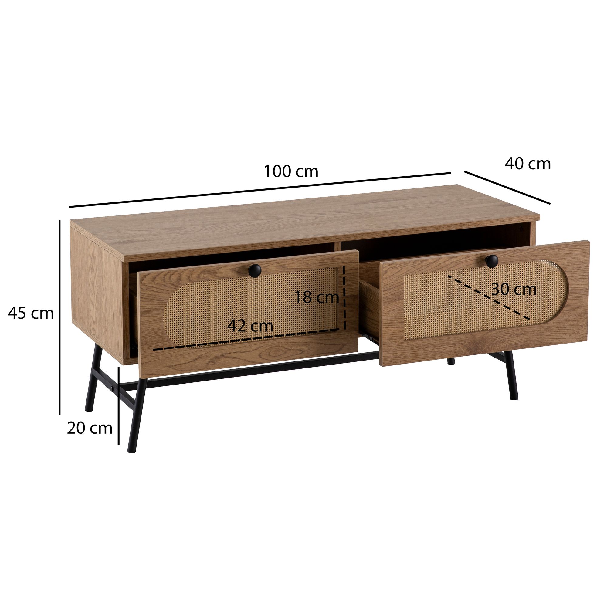 TV-Board 100cm MDF Eiche Dekor 2 Schubladen Wiener Geflecht Ratten Fernsehschrank Lowboard – Ansicht 3