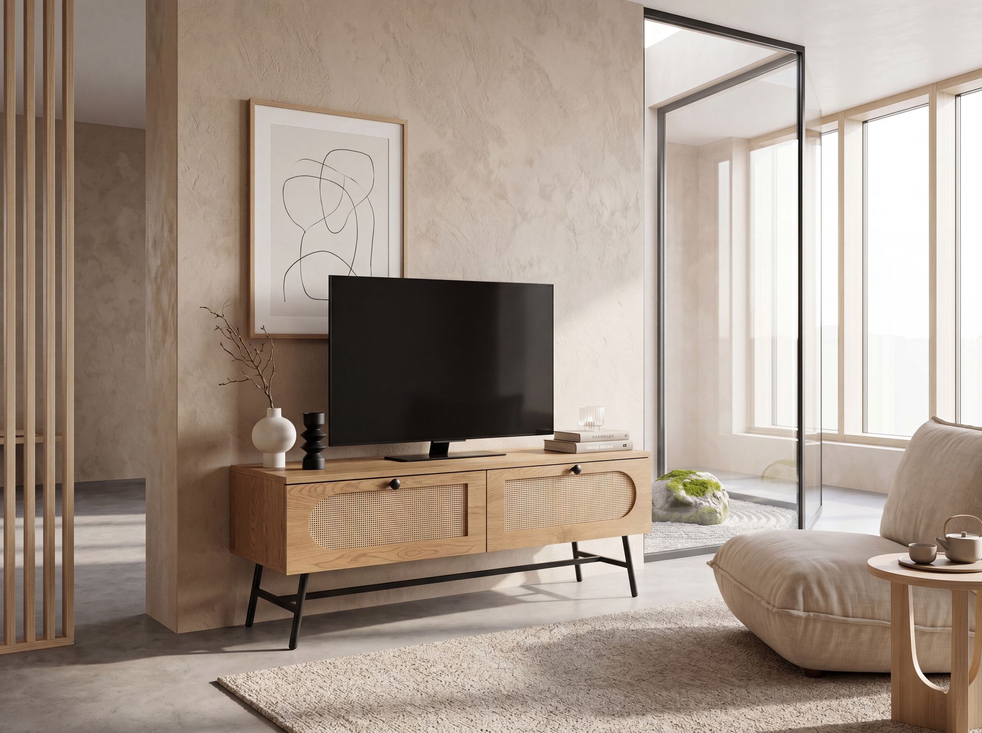 TV-Board 100cm MDF Eiche Dekor 2 Schubladen Wiener Geflecht Ratten Fernsehschrank Lowboard – Ansicht 4