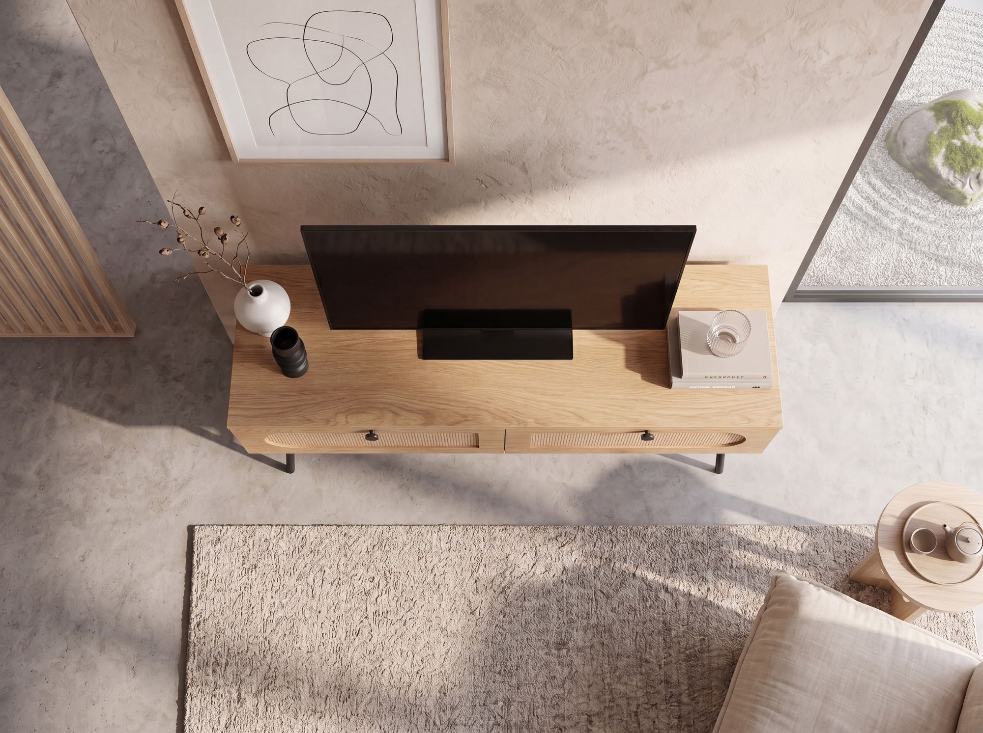 TV-Board 100cm MDF Eiche Dekor 2 Schubladen Wiener Geflecht Ratten Fernsehschrank Lowboard – Ansicht 5