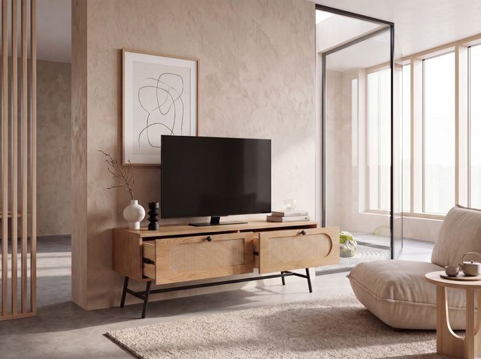 FineBuy Lowboard 100x45x40 cm TV-Kommode mit Eiche-Dekor & Rattan, Design TV-Schrank Hoch mit Schubladen, Fernsehtisch Fernsehschrank, Fernsehkommode Wohnzimmer