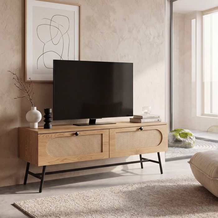 FineBuy Lowboard 100x45x40 cm TV-Kommode mit Eiche-Dekor & Rattan, Design TV-Schrank Hoch mit Schubladen, Fernsehtisch Fernsehschrank, Fernsehkommode Wohnzimmer