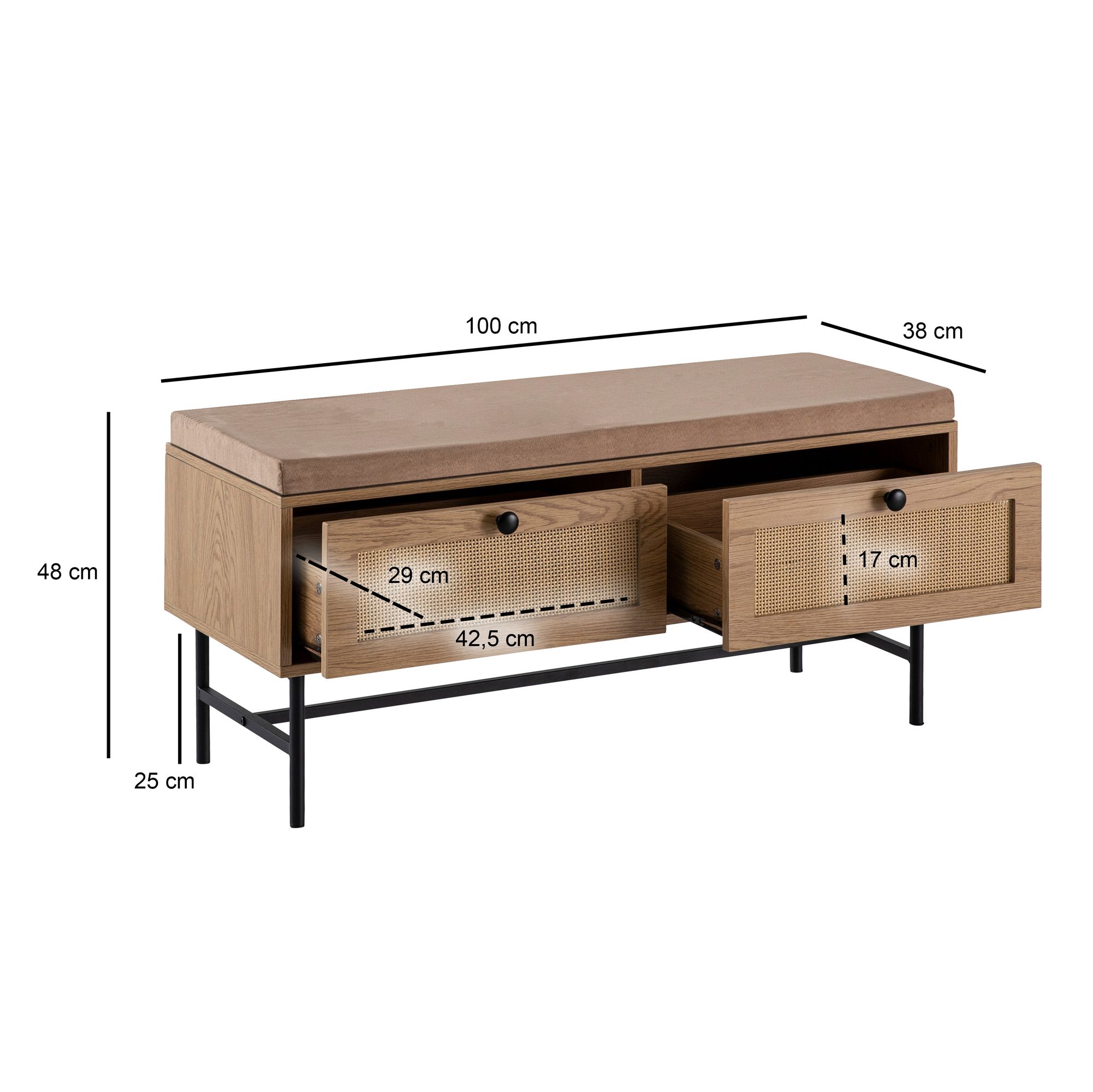 Schuhbank FineBuy Flurbank 100 cm Sitzbank Rattan Schuhregal Eiche Schubladen – Ansicht 3