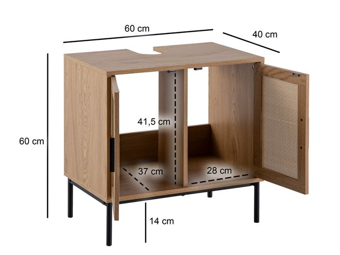 Waschbeckenunterschrank FineBuy Badschrank 60x60x40 cm Unterschrank Eiche Optik – Maßzeichnung