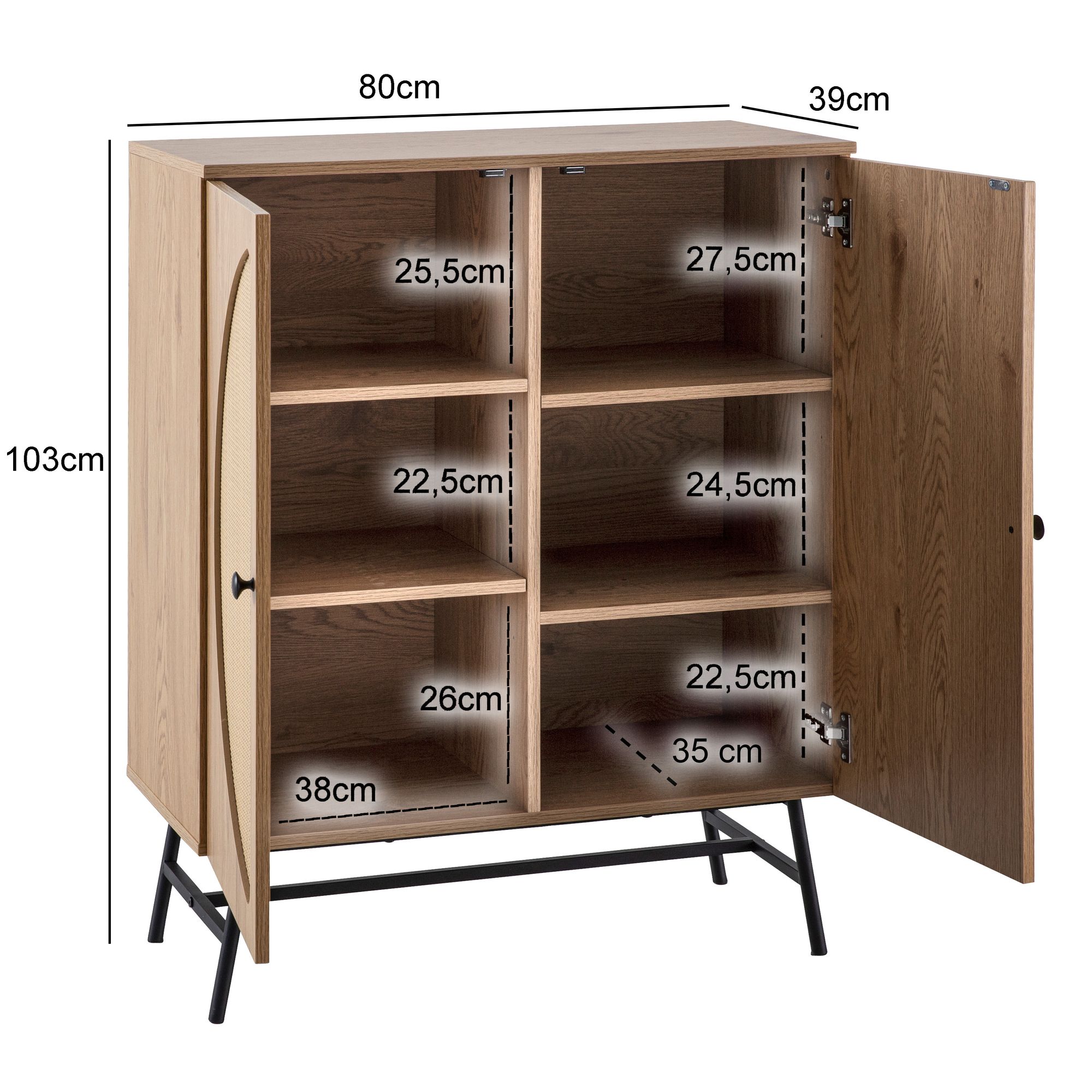 Kommode in Eiche Dekor 80 cm Sideboard mit 2 Türen aus Wiener Rattan Geflecht Design Highboard – Ansicht 3