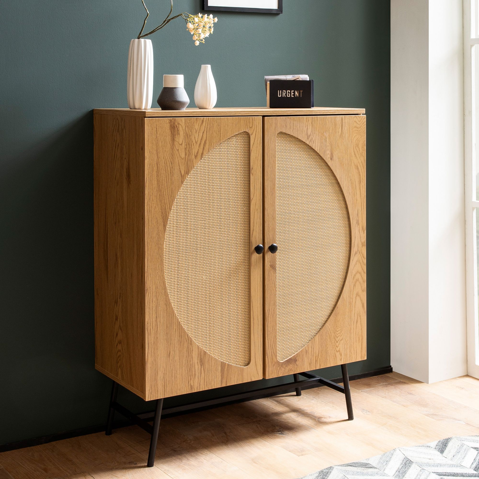 Kommode in Eiche Dekor 80 cm Sideboard mit 2 Türen aus Wiener Rattan Geflecht Design Highboard – Ansicht 1