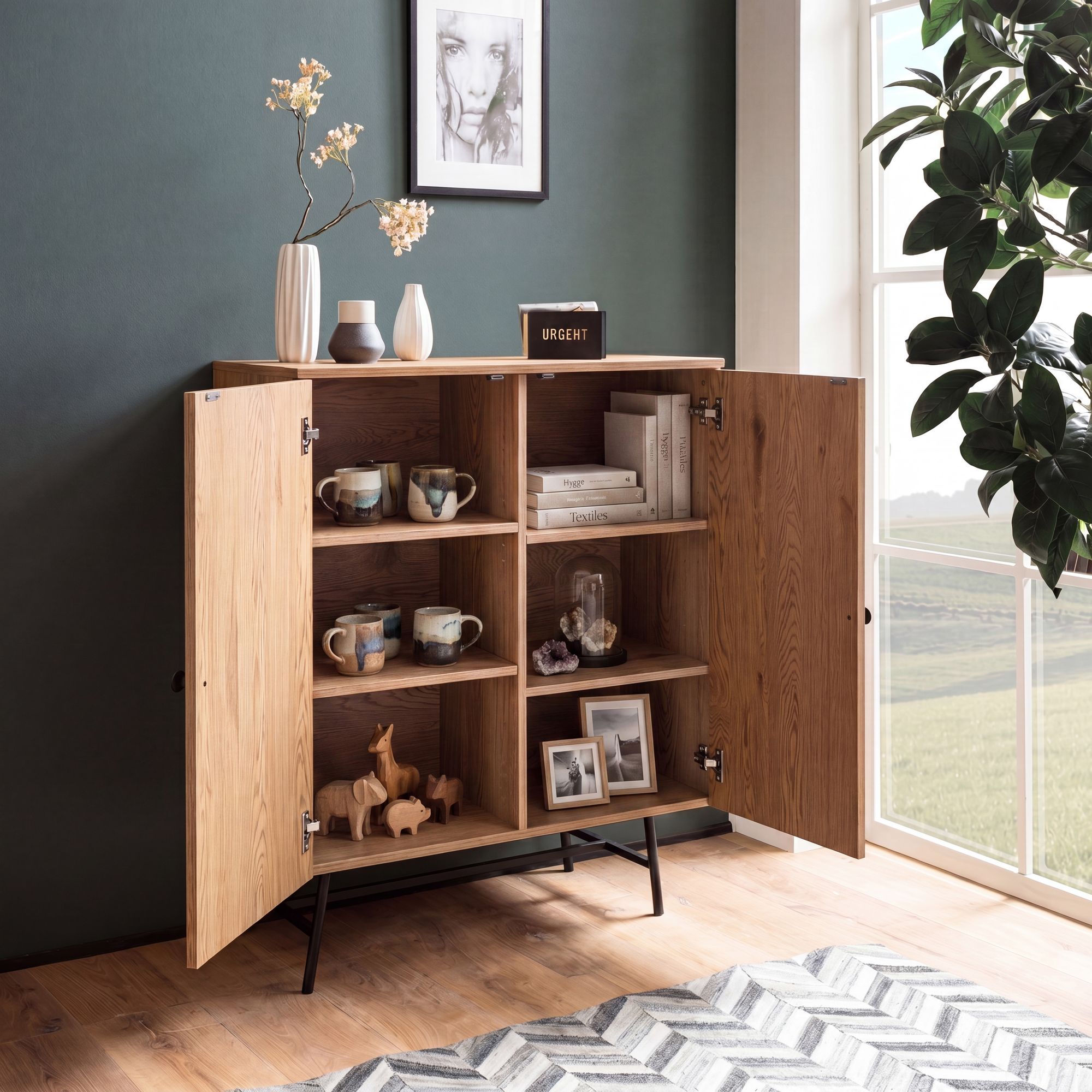 Kommode in Eiche Dekor 80 cm Sideboard mit 2 Türen aus Wiener Rattan Geflecht Design Highboard – Ansicht 2