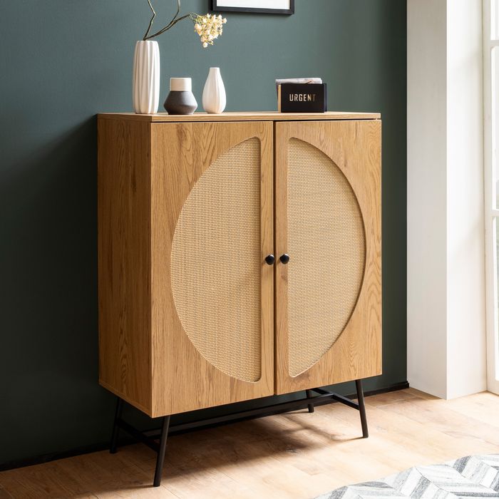 Kommode in Eiche Dekor 80 cm Sideboard mit 2 Türen aus Wiener Rattan Geflecht Design Highboard