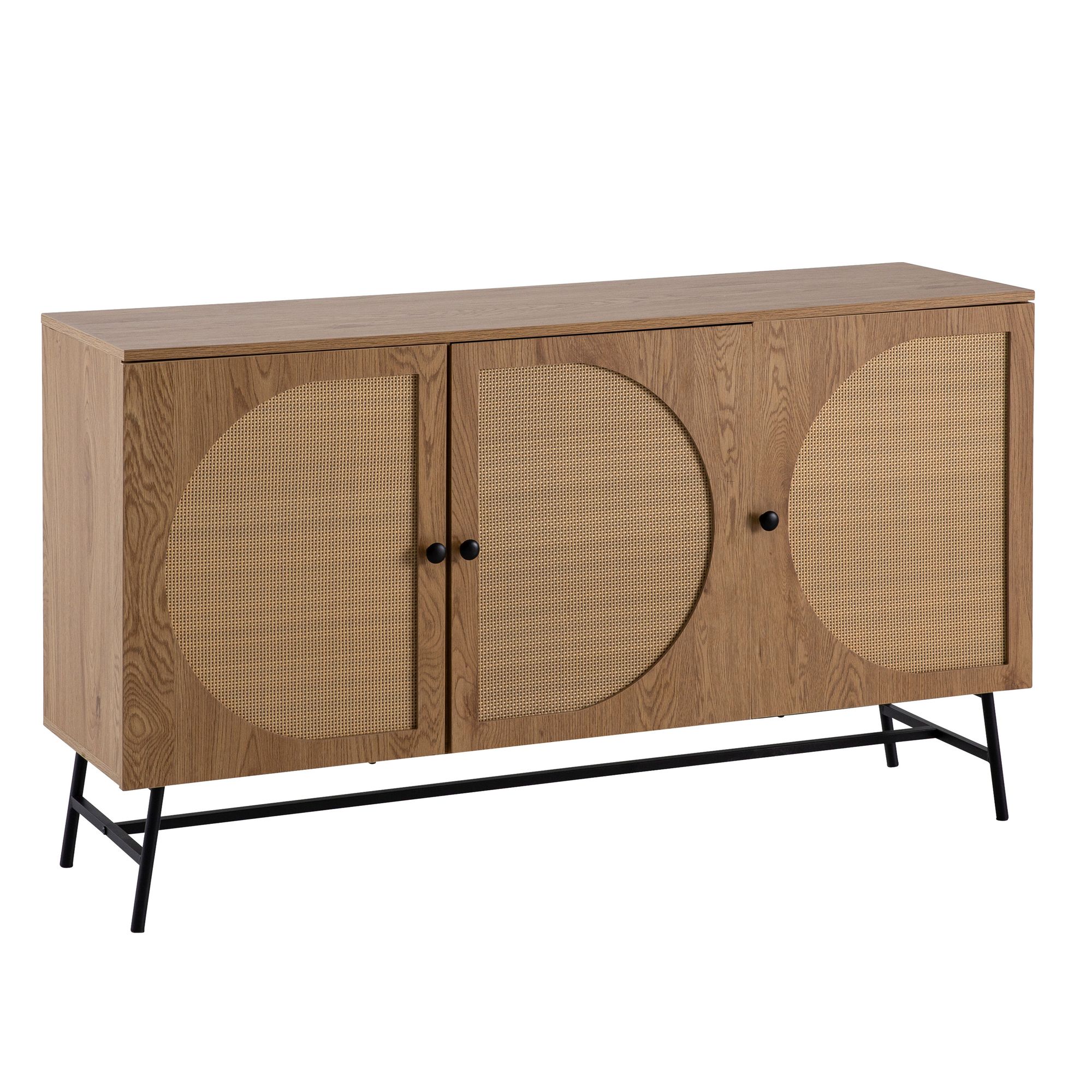 Sideboard 140cm MDF Eiche Dekor mit 3 Türen in Ratten Wiener Geflecht Design Kommode mit Metall Schwarz – Ansicht 6