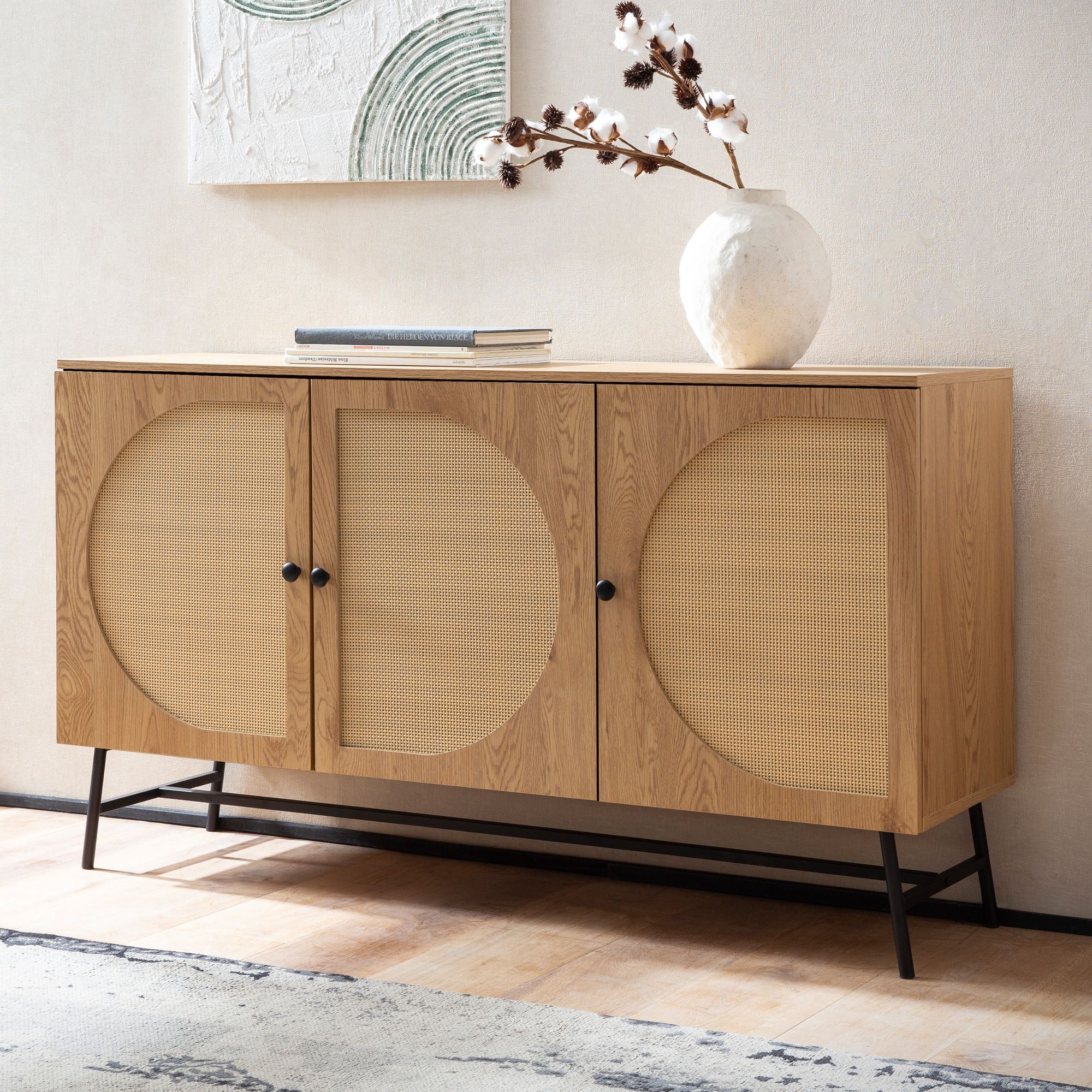 Sideboard 140cm MDF Eiche Dekor mit 3 Türen in Ratten Wiener Geflecht Design Kommode mit Metall Schwarz – Ansicht 1