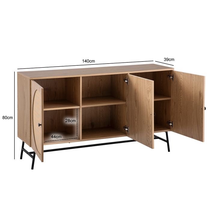 Sideboard 140cm MDF Eiche Dekor mit 3 Türen in Ratten Wiener Geflecht Design Kommode mit Metall Schwarz – Maßzeichnung