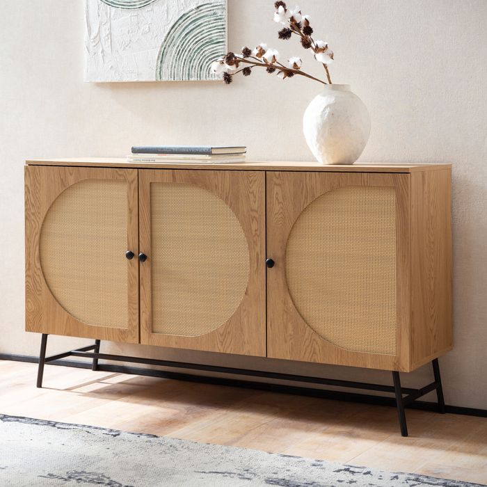 FineBuy Sideboard 140x80x39 cm Kommode Eiche-Dekor mit Rattan Geflecht Modern, Hoher Kommodenschrank, Standschrank mit 3 Türen, Anrichte Wohnzimmer