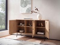 Sideboard 140cm MDF Eiche Dekor mit 3 Türen in Ratten Wiener Geflecht Design Kommode mit Metall Schwarz – Ansicht 2