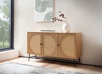 Sideboard 140cm MDF Eiche Dekor mit 3 Türen in Ratten Wiener Geflecht Design Kommode mit Metall Schwarz – Ansicht 5