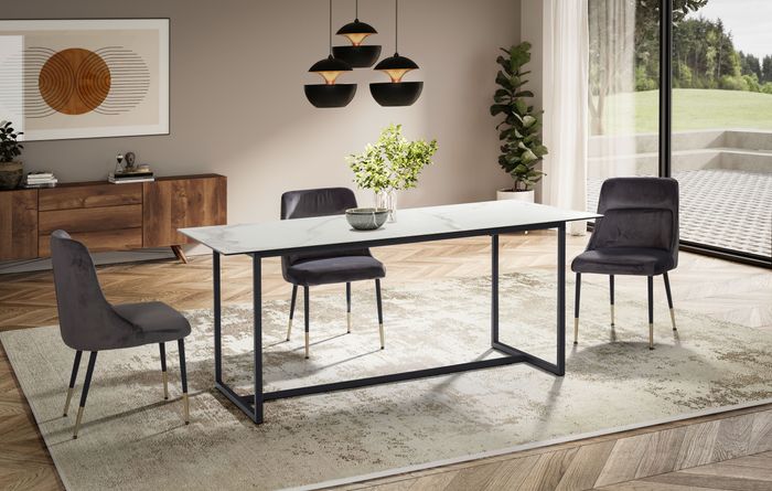 FineBuy Esszimmertisch 180x90x76 cm Glas Keramik Esstisch, Küchentisch Groß, Glastisch Rechteckig, Speisetisch Esszimmer mit Metallbeinen