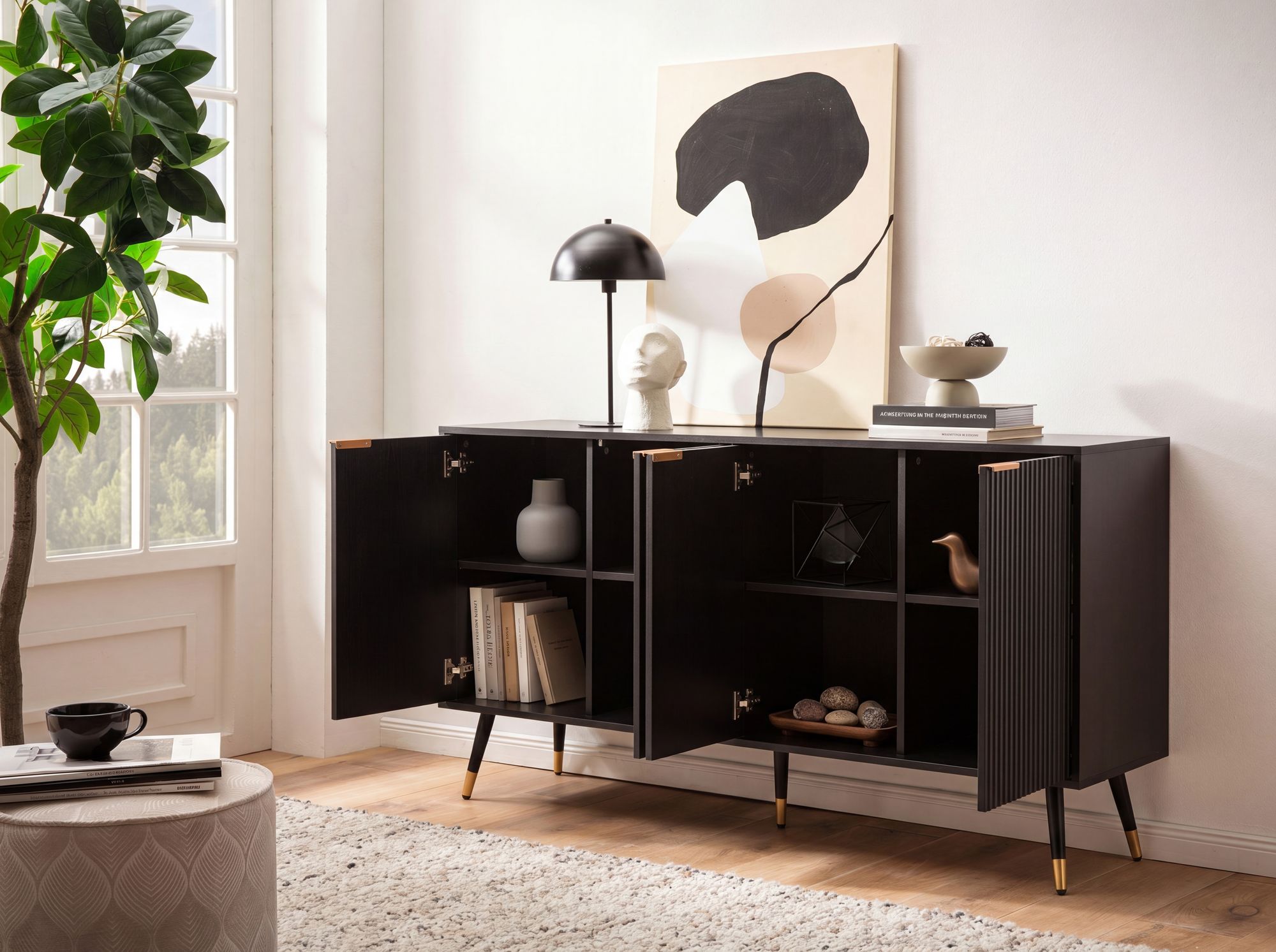 Sideboard 150cm MDF Eiche Schwarz Dekor Kommode mit 4 Türen edles Design – Ansicht 2