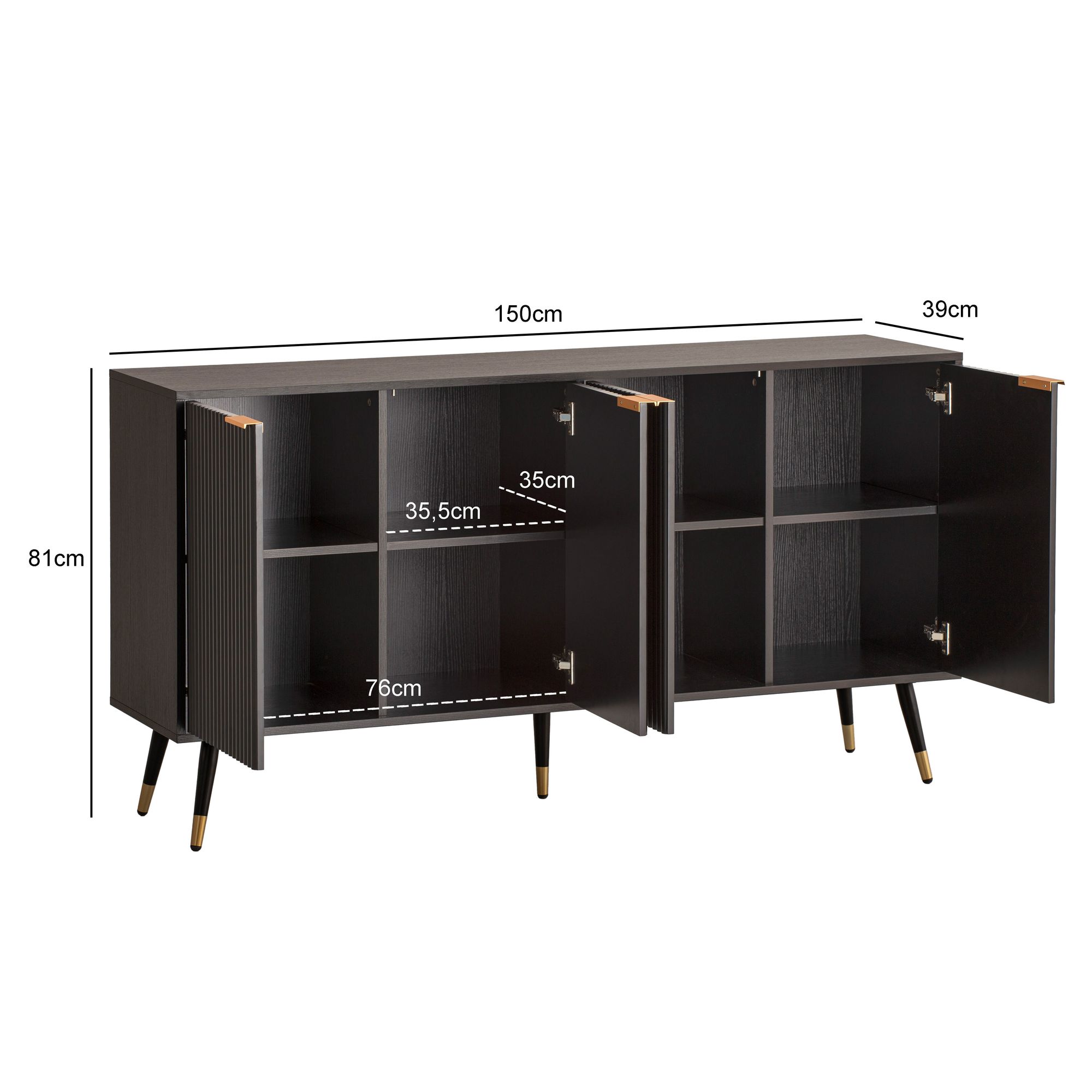 Sideboard 150cm MDF Eiche Schwarz Dekor Kommode mit 4 Türen edles Design – Ansicht 3