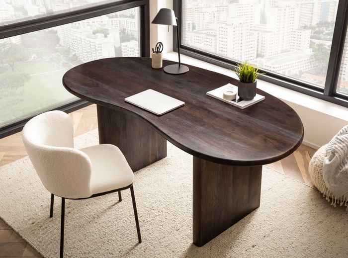 FineBuy Schreibtisch 180x90x75 cm Massivholz Computertisch Retro, Homeoffice Bürotisch Massiv Nierenform in Dunkelbraun, Holztisch Laptoptisch Arbeitszimmer