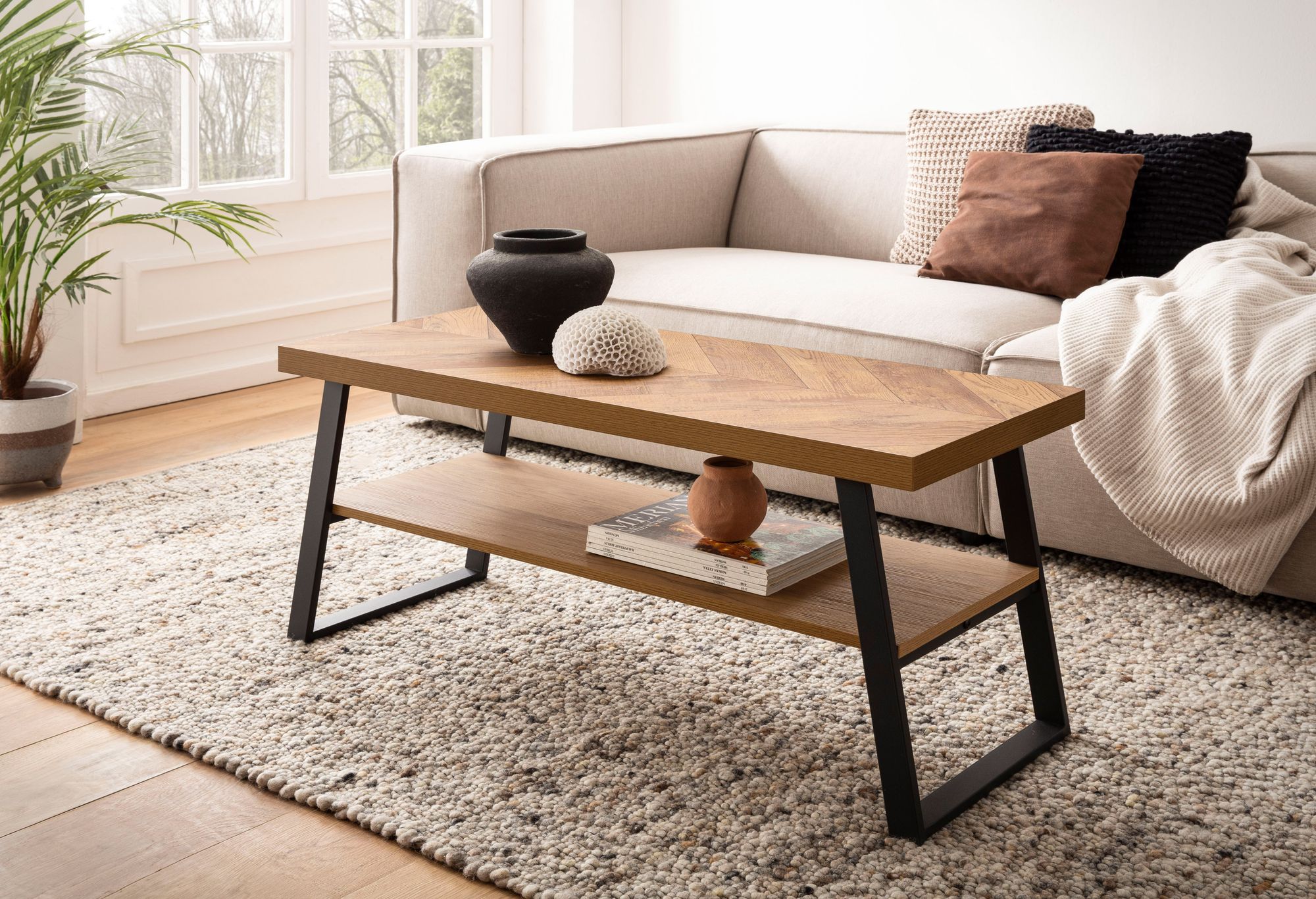 Couchtisch FineBuy Sofatisch 100 cm Braun Fischgrät Wohnzimmertisch Ablage – Ansicht 2