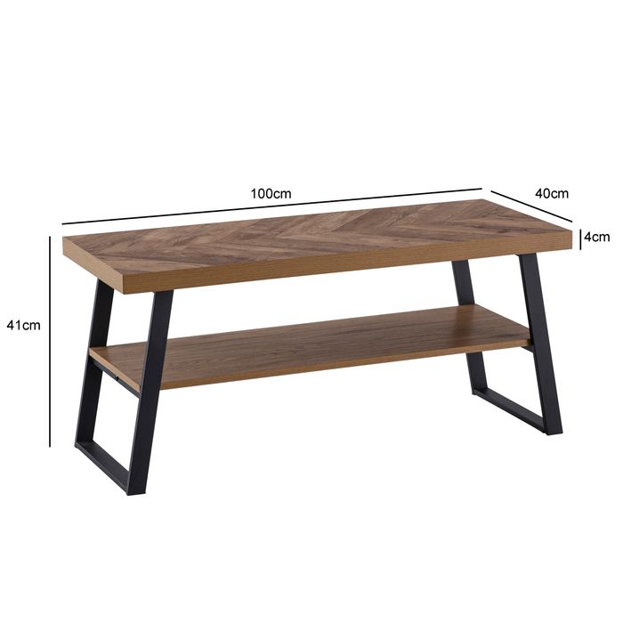 Couchtisch FineBuy Sofatisch 100 cm Braun Fischgrät Wohnzimmertisch Ablage – Maßzeichnung