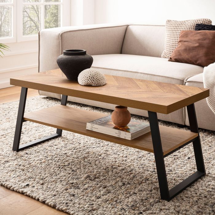 Couchtisch FineBuy Sofatisch 100 cm Braun Fischgrät Wohnzimmertisch Ablage
