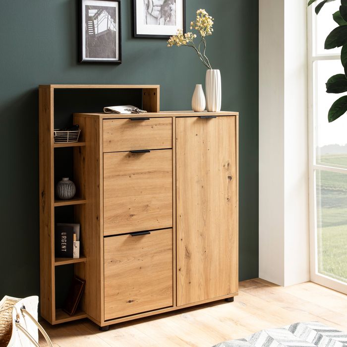 FineBuy Schuhschrank Eiche-Dekor 98x110x30 cm Schuhkipper Geschlossen, Schuhkommode mit Schublade Modern, Flurschrank mit Regal und Ablage, Schuhaufbewahrung Flurkommode für Schuhe Hoch