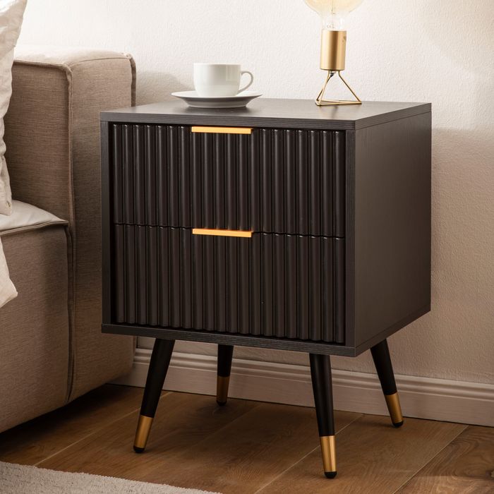 FineBuy Nachtkonsole Schwarz mit Eiche-Dekor 43,5x39x56 cm Nachttisch Modern, Nachtkommode Boxspringbett mit Schubladen, Nachtkästchen mit Stauraum