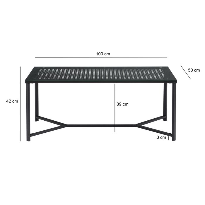 WOHNLING Couchtisch Glas Metall Schwarz 100 cm Wohnzimmertisch Rechteckig Modern – Maßzeichnung