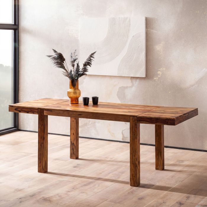 FineBuy Esszimmertisch Rechteckig ausziehbar 120 - 200 cm Sheesham Massivholz - Massiver Esstisch mit Ansteckplatten - Holztisch - Küchentisch erweiterbar