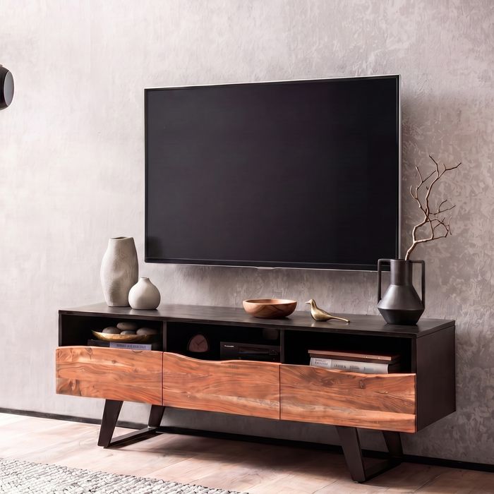 FineBuy Lowboard Akazie Massivholz 140x50x40 cm Baumkante TV-Kommode Schwarz, Design TV-Schrank Hoch mit Schublade, Fernsehtisch Fernsehschrank Modern mit Türen, Fernsehkommode Wohnzimmer