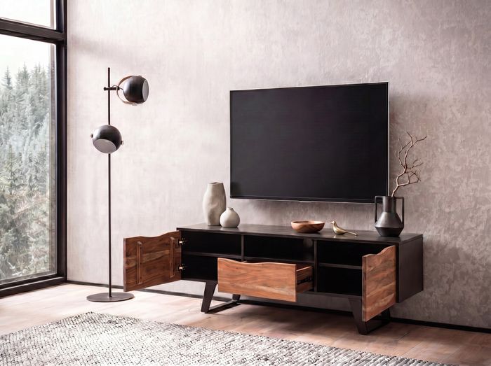 FineBuy Lowboard Akazie Massivholz 140x50x40 cm Baumkante TV-Kommode Schwarz, Design TV-Schrank Hoch mit Schublade, Fernsehtisch Fernsehschrank Modern mit Türen, Fernsehkommode Wohnzimmer