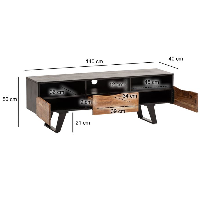 Massive TV-Board Kommode 140cm Akazie Massivholz Baumkante Lowboard Fernsehschrank – Maßzeichnung