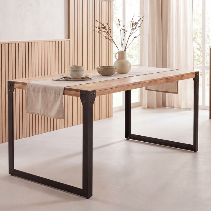 FineBuy Esstisch rechteckig 120 cm Akazie Massivholz – Kleiner Esszimmertisch im Industrial Design mit Metallgestell, Holz Küchentisch massiv für 4 - 6 Personen