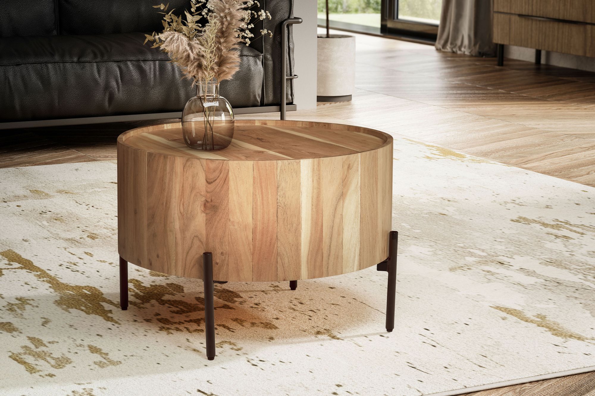 FineBuy Couchtisch Akazie Massivholz rund 60 cm · Wohnzimmertisch in Trommelform – Ansicht 2
