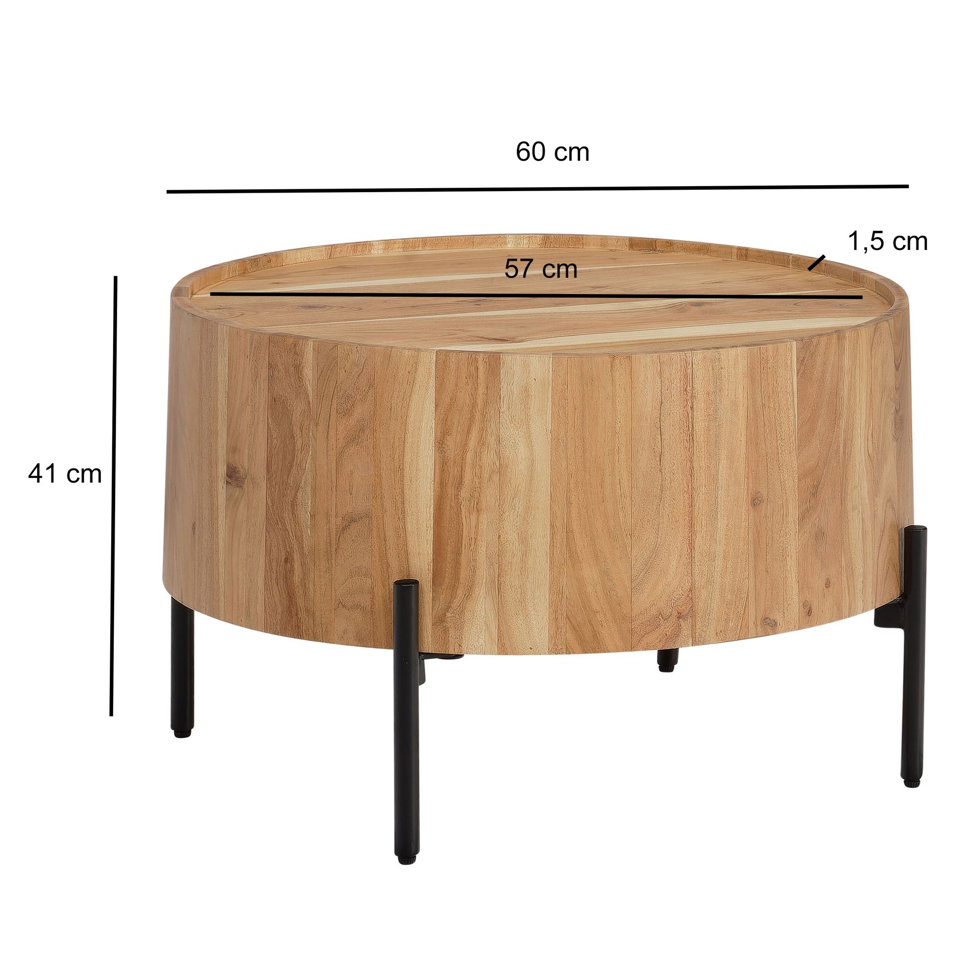 FineBuy Couchtisch Akazie Massivholz rund 60 cm · Wohnzimmertisch in Trommelform – Ansicht 3