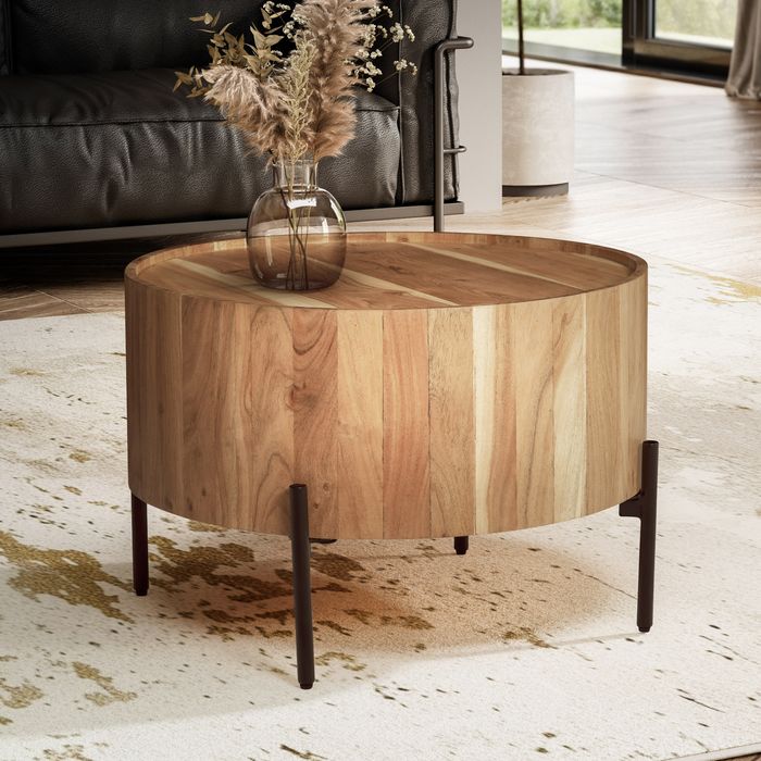 FineBuy Couchtisch Akazie Massivholz 60x60x41 cm Rund mit Metallgestell, Kleiner Sofatisch Modern, Wohnzimmertisch Couch, Kaffeetisch Braun / Schwarz