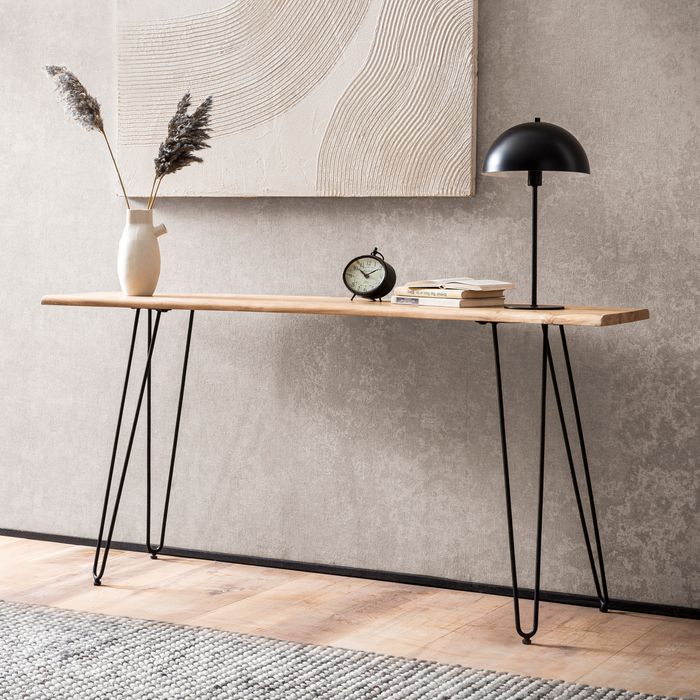 FineBuy Konsolentisch 150x36x75 cm Akazie Massivholz Baumkante Anrichte Flur, Ablagetisch mit Haarnadelbeine Schmal Modern, Flurtisch Metallgestell, Dielentisch Lang Hoch