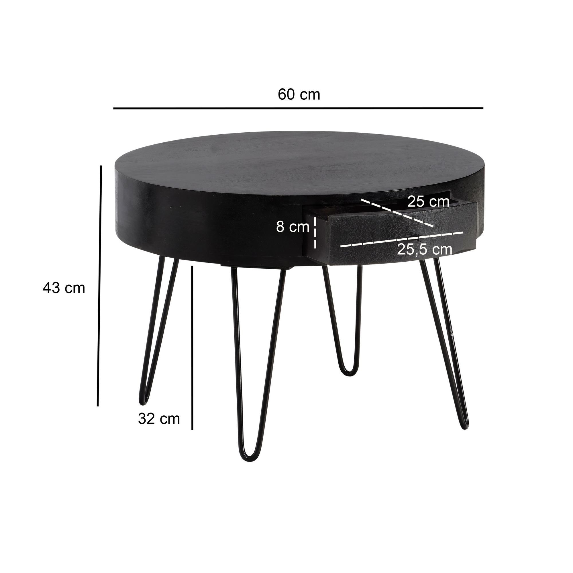 Couchtisch Mango Massivholz rund Ø 60 cm Wohnzimmertisch Schublade Schwarz – Ansicht 3
