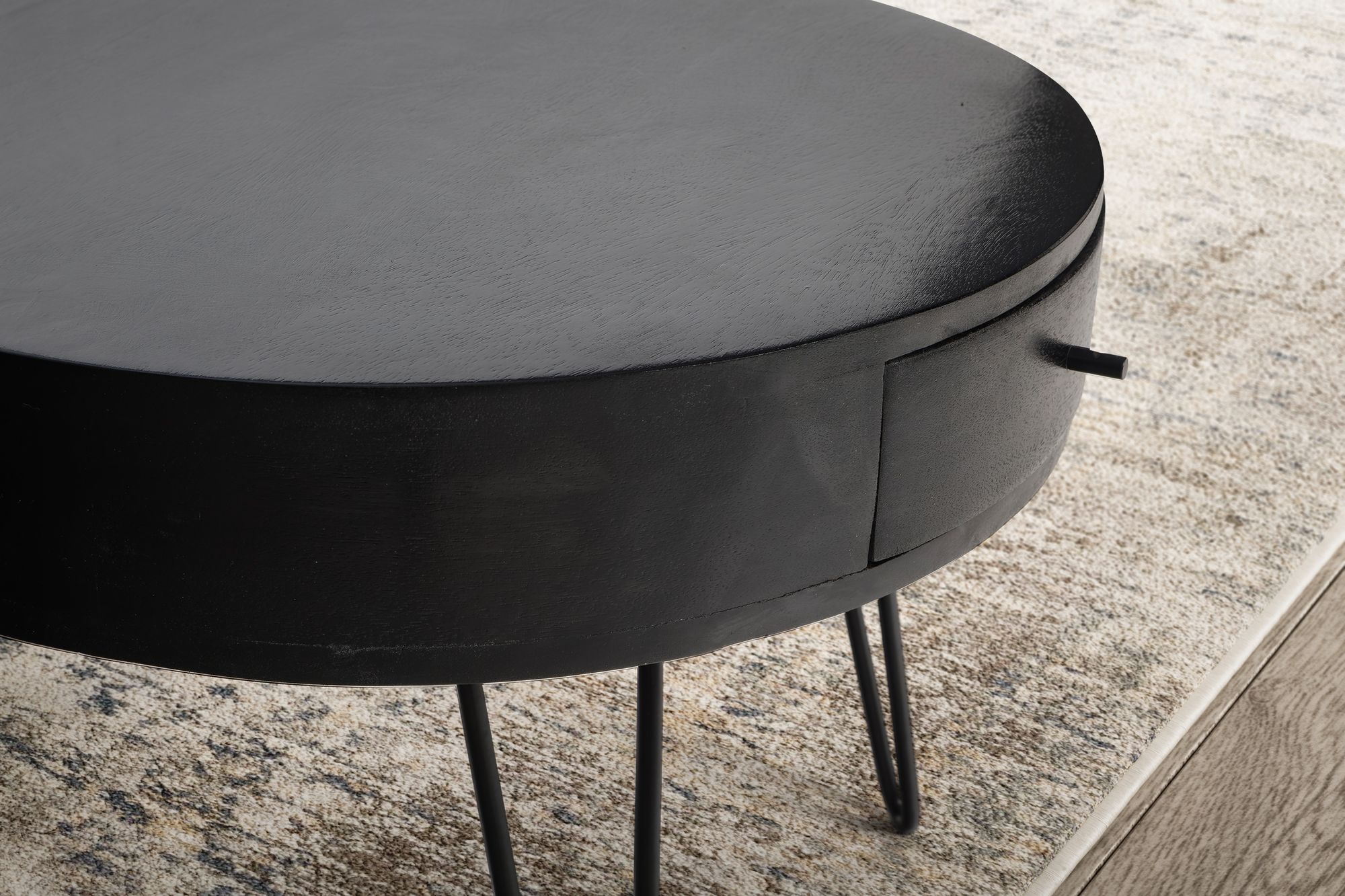Couchtisch Mango Massivholz rund Ø 60 cm Wohnzimmertisch Schublade Schwarz – Ansicht 4