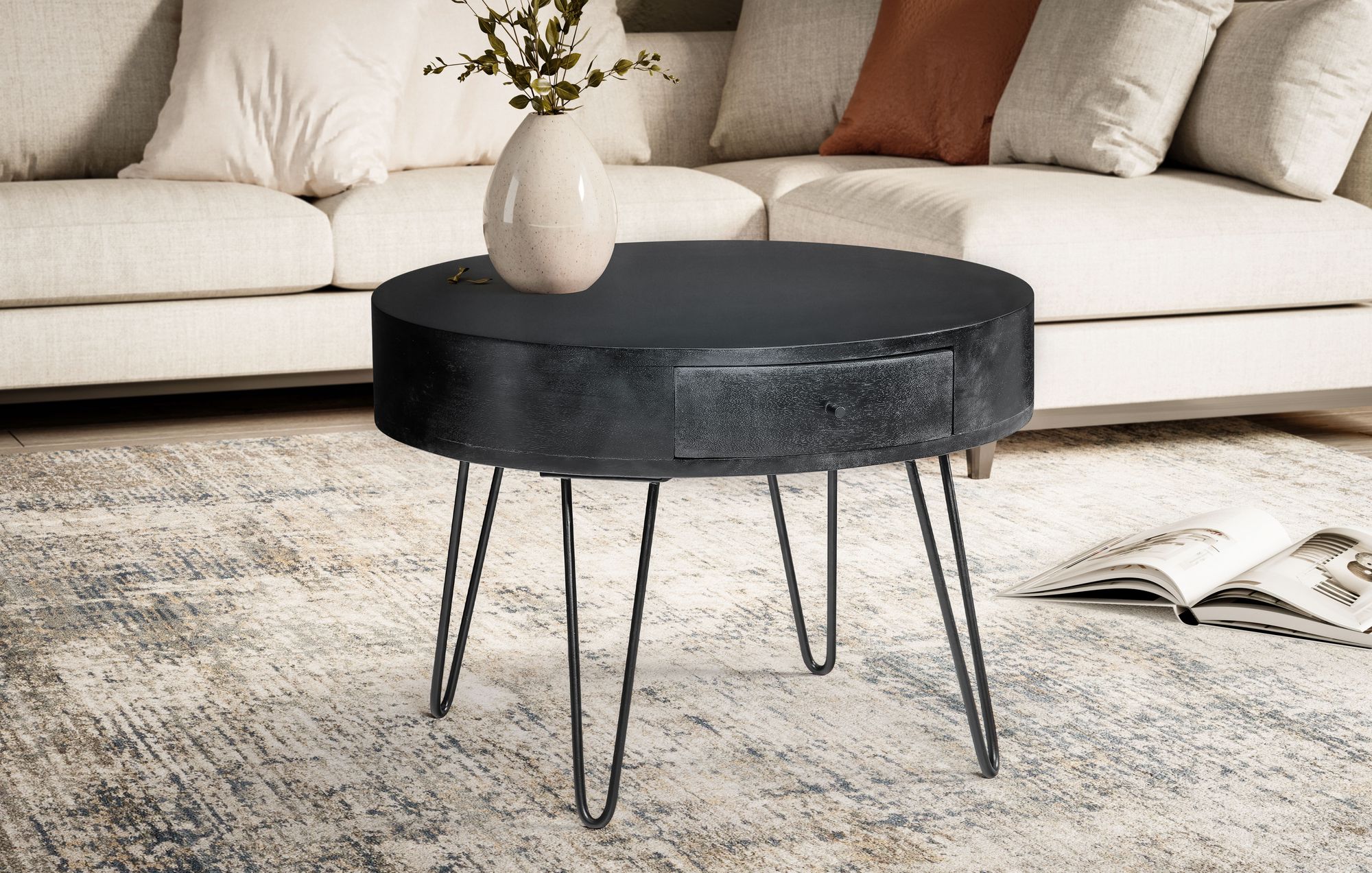 Couchtisch Mango Massivholz rund Ø 60 cm Wohnzimmertisch Schublade Schwarz – Ansicht 2