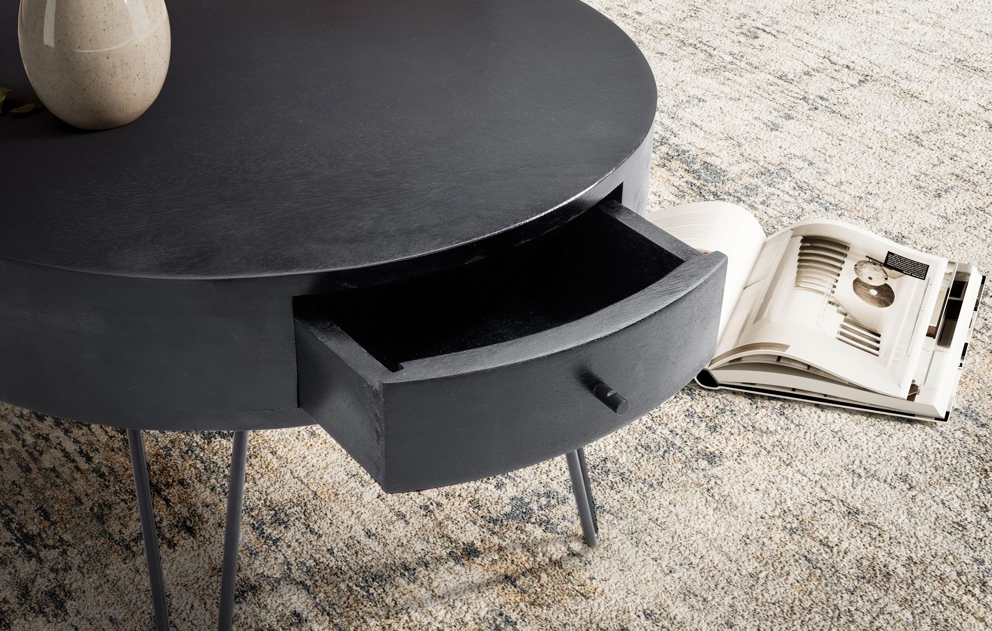 Couchtisch Mango Massivholz rund Ø 60 cm Wohnzimmertisch Schublade Schwarz – Ansicht 5