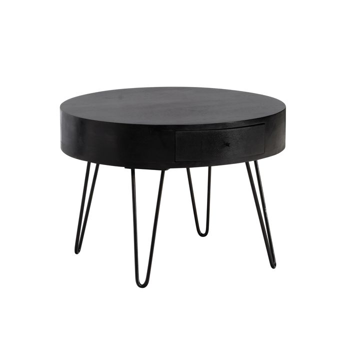 FineBuy Couchtisch 60x60x43 cm Mango Massivholz Metall Sofatisch, Design Wohnzimmertisch Rund mit Schublade, Kaffeetisch Stauraum Massiv, Kleiner Tisch Wohnzimmer Haarnadelbeine