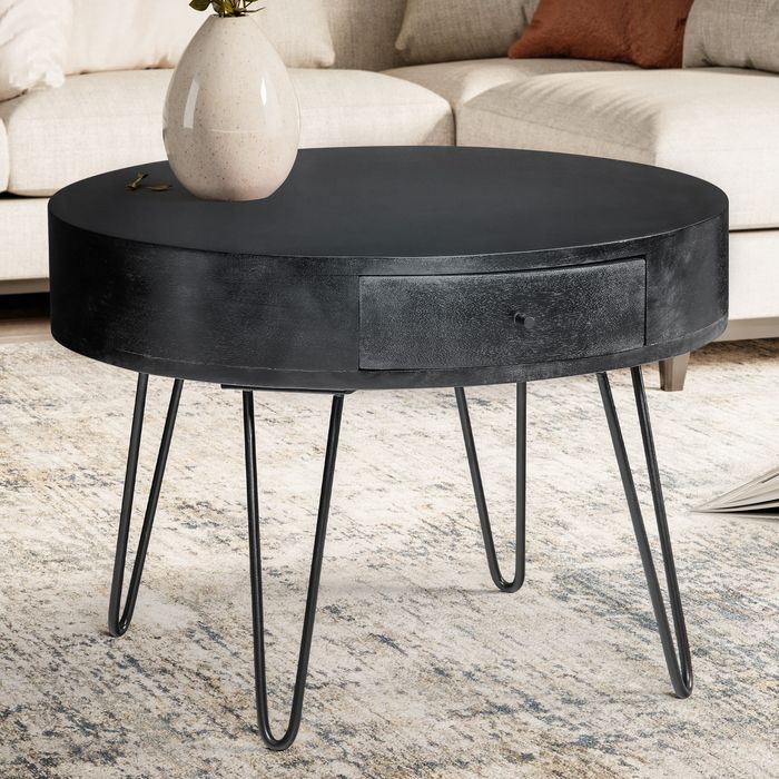 FineBuy Couchtisch 60x60x43 cm Mango Massivholz Metall Sofatisch, Design Wohnzimmertisch Rund mit Schublade, Kaffeetisch Stauraum Massiv, Kleiner Tisch Wohnzimmer Haarnadelbeine