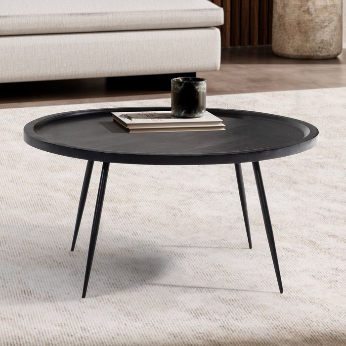 FineBuy Couchtisch 75x75x38 cm Mango Massivholz Metall Schwarz Sofatisch Rund, Design Wohnzimmertisch mit natürlicher Holzmaserung, Kaffeetisch Wohnzimmer Zeitlos