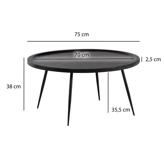 Couchtisch Massivholz rund Ø 75 cm Schwarz Moderner Wohnzimmertisch Metallbeine – Maßzeichnung